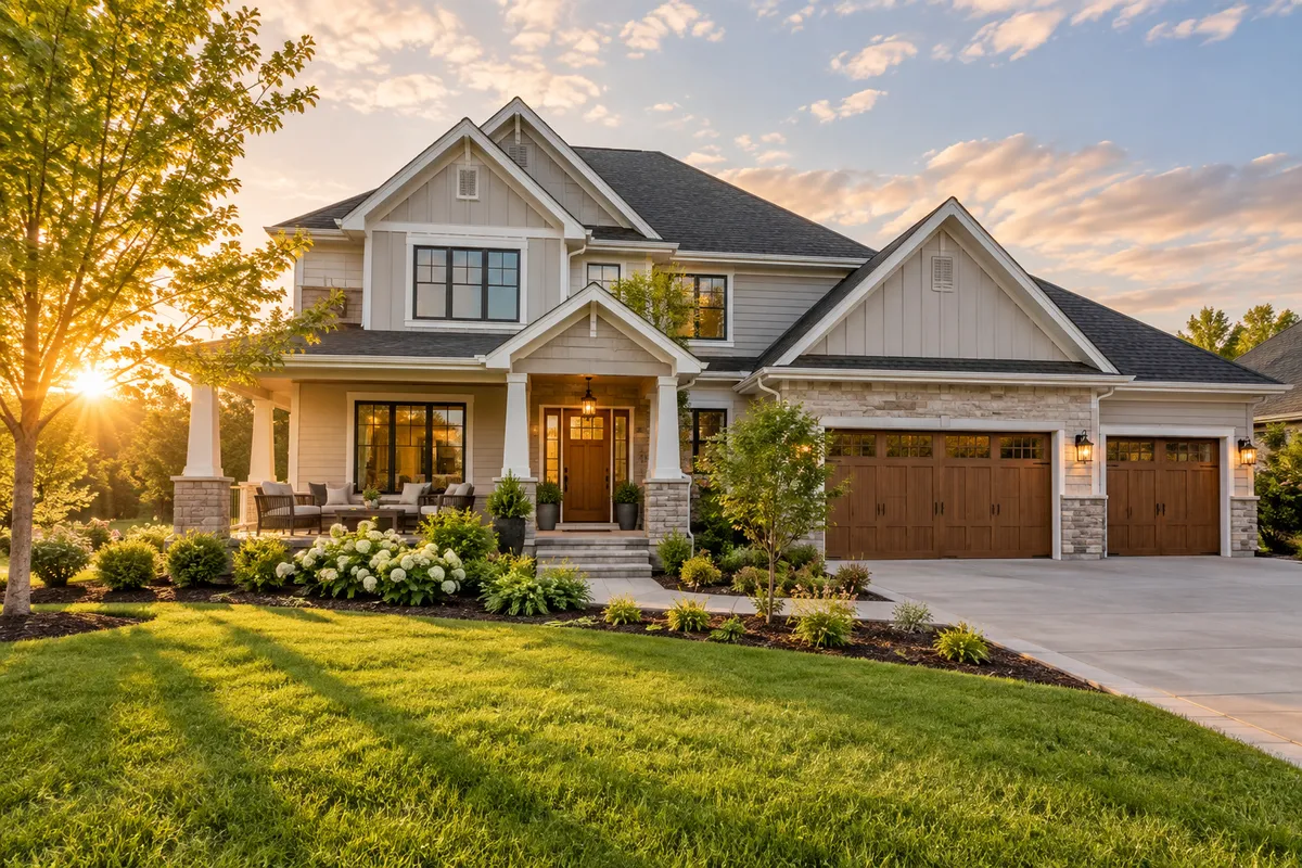 Single-family home with a garage and landscaped front yard at sunset