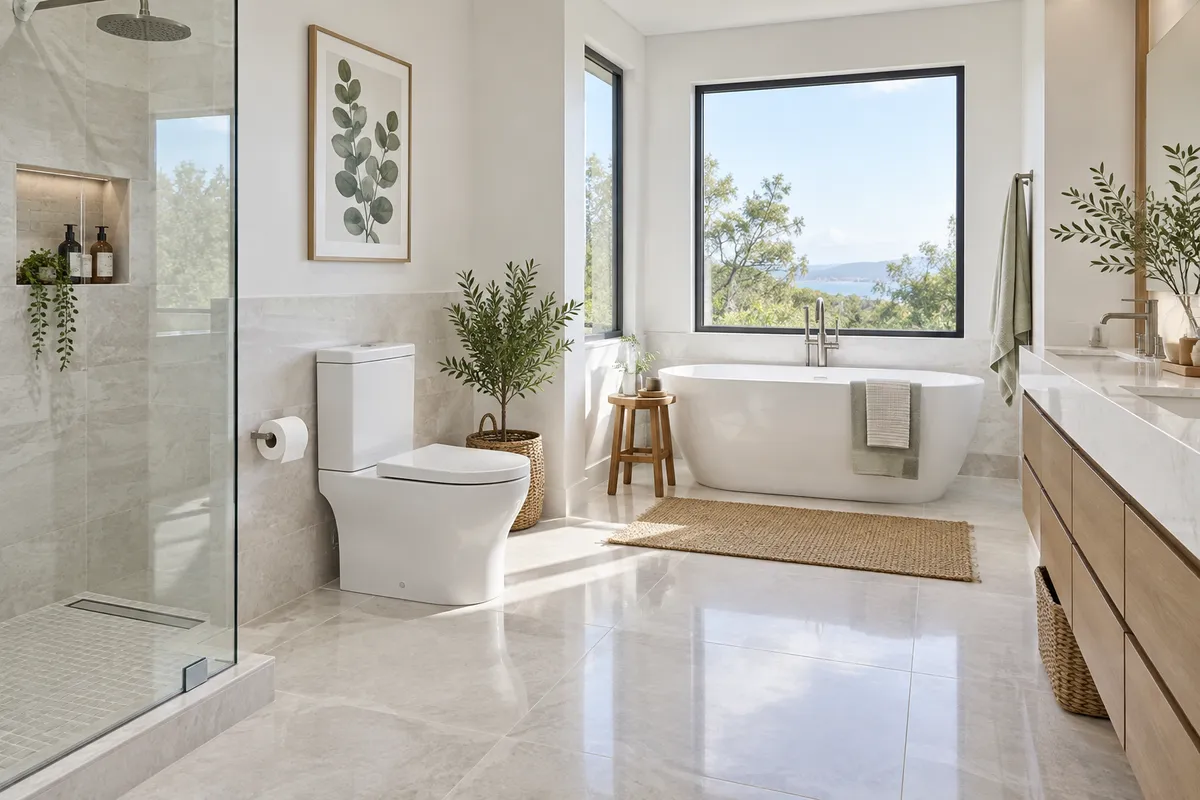 Bathroom with a walk-in shower, freestanding tub and toilet