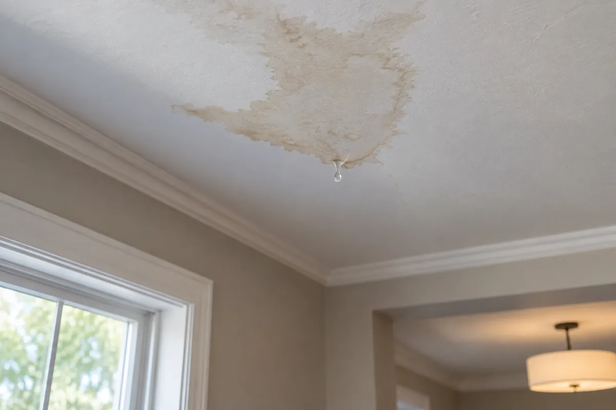 Water stain on a ceiling with a drop forming, a common sign of a hidden leak