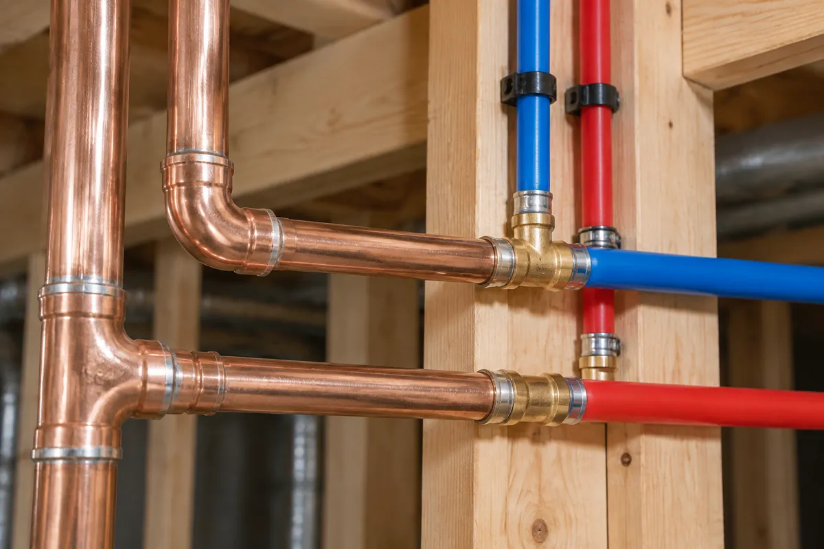 Copper and PEX supply lines in an open wall frame