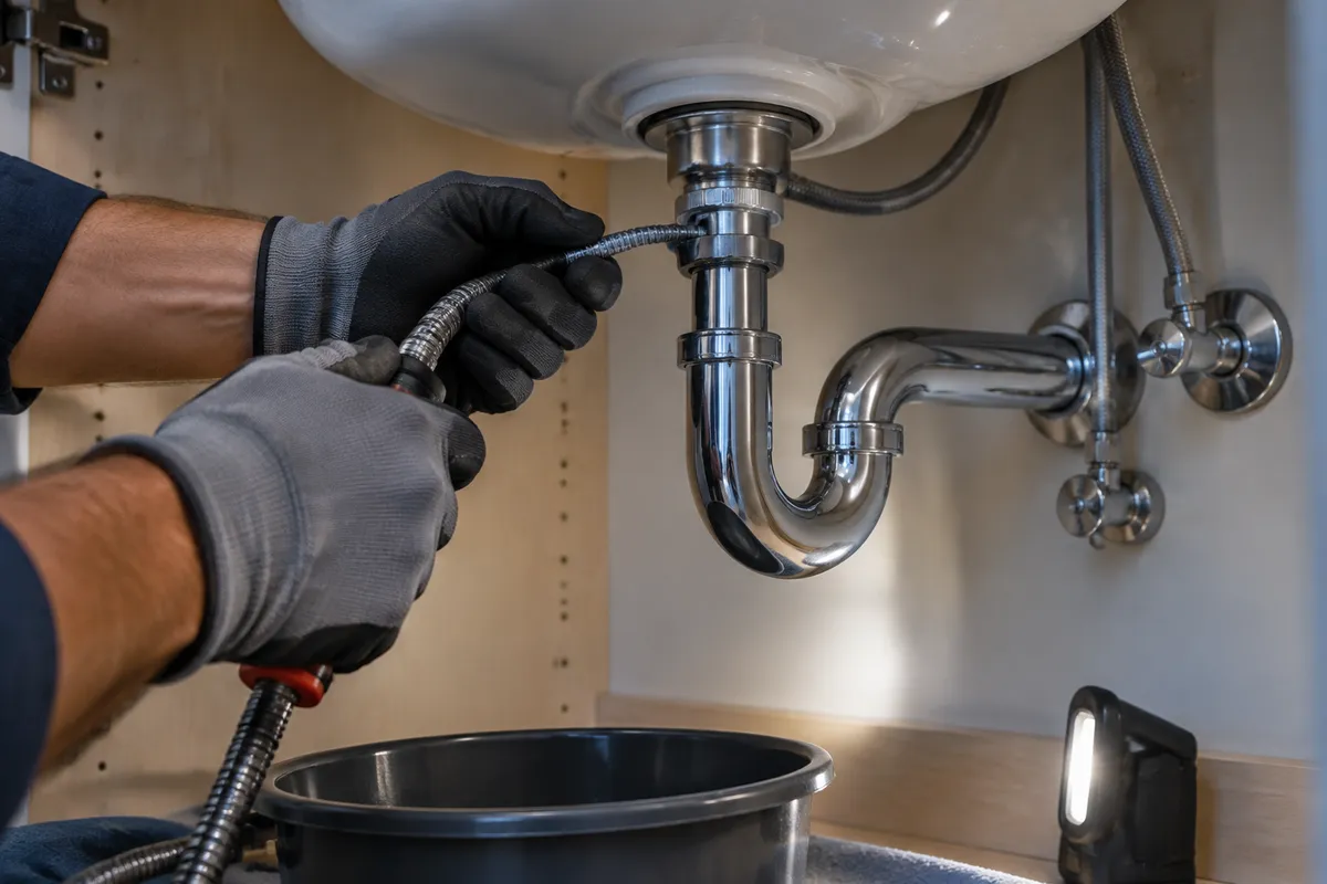 Gloved hands feeding a drain cable into a sink trap