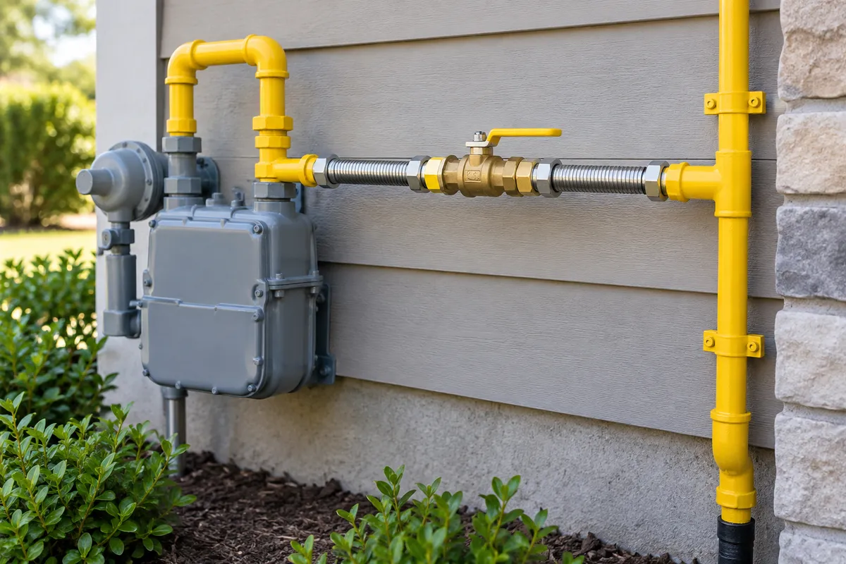 Gas meter and yellow supply pipe with a shutoff valve and flexible connector on an exterior wall