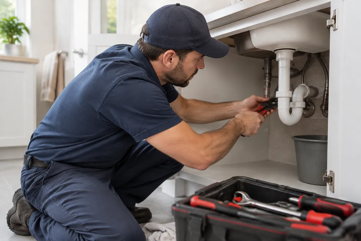 Plumber repairing a sink drain trap under a kitchen cabinet