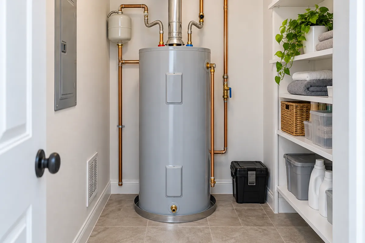 Tank water heater in a utility closet with a drain pan and expansion tank