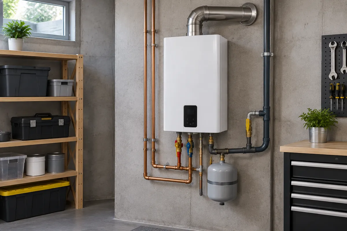 Wall-mounted tankless water heater with gas, water and vent connections